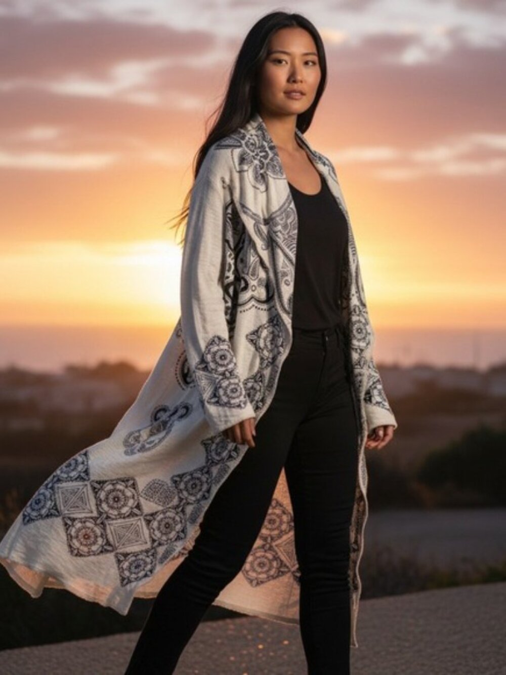 Johnny Was BIYA Embroidered Hooded Duster, Cream/Blue XL